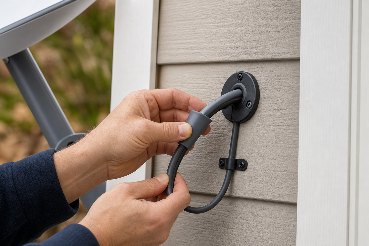 Hands checking a protected Starlink cable entry point on a home exterior wall