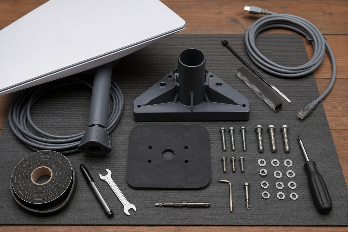 Starlink roof mount bracket, fasteners, and sealing parts arranged on a workbench