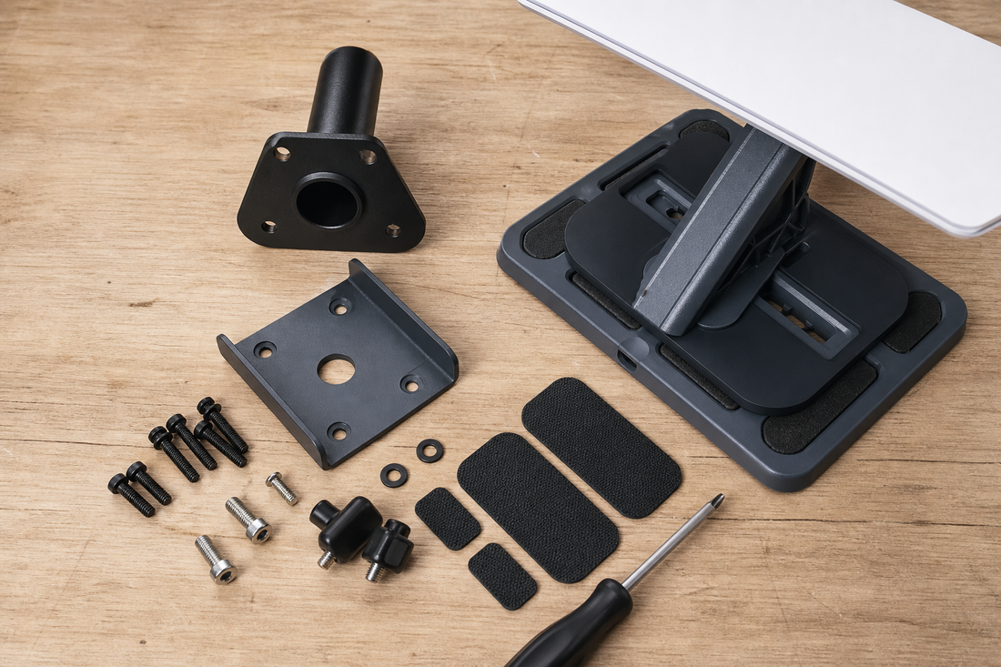 Starlink Mini tripod adapter hardware and fasteners arranged for a fit check
