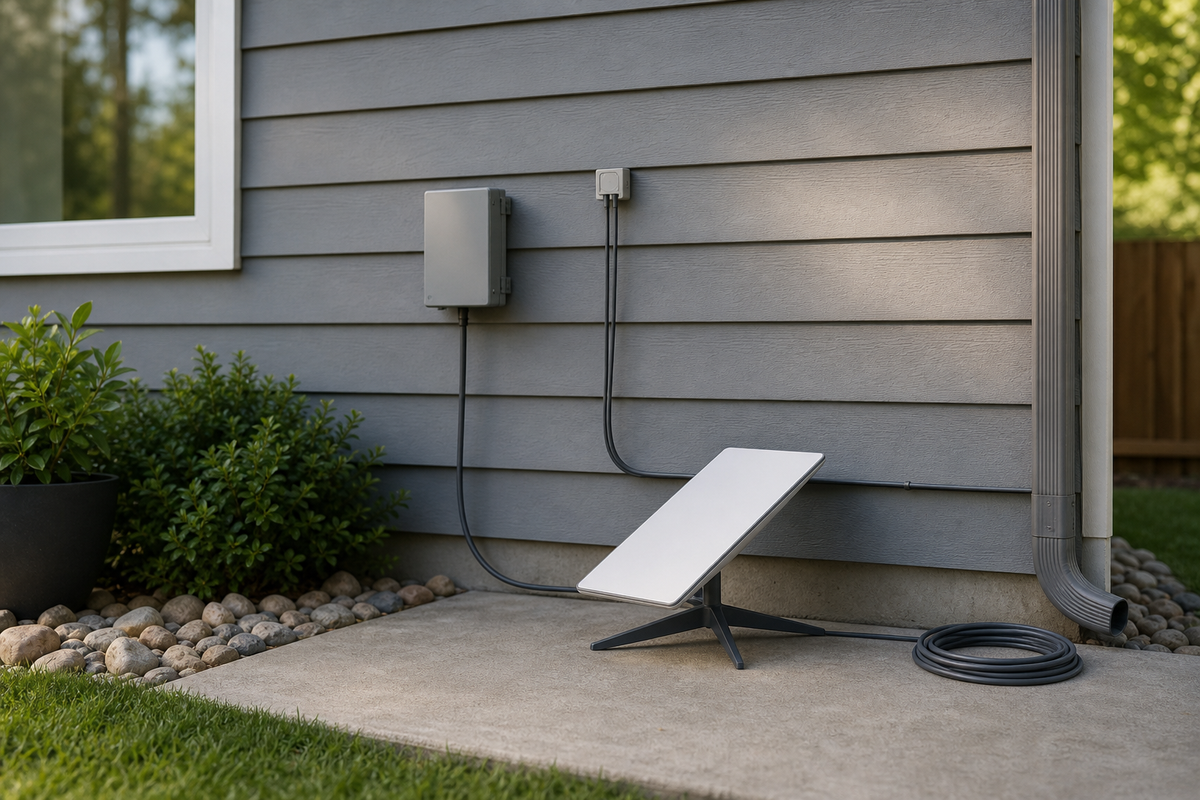 Starlink Standard kit staged beside a home exterior wall with a visible cable path