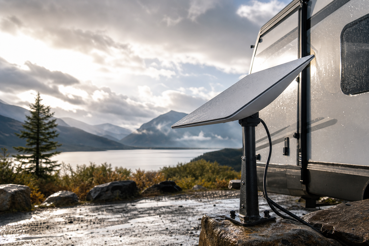 Starlink dish mounted near an RV after rain with organized outdoor cable routing