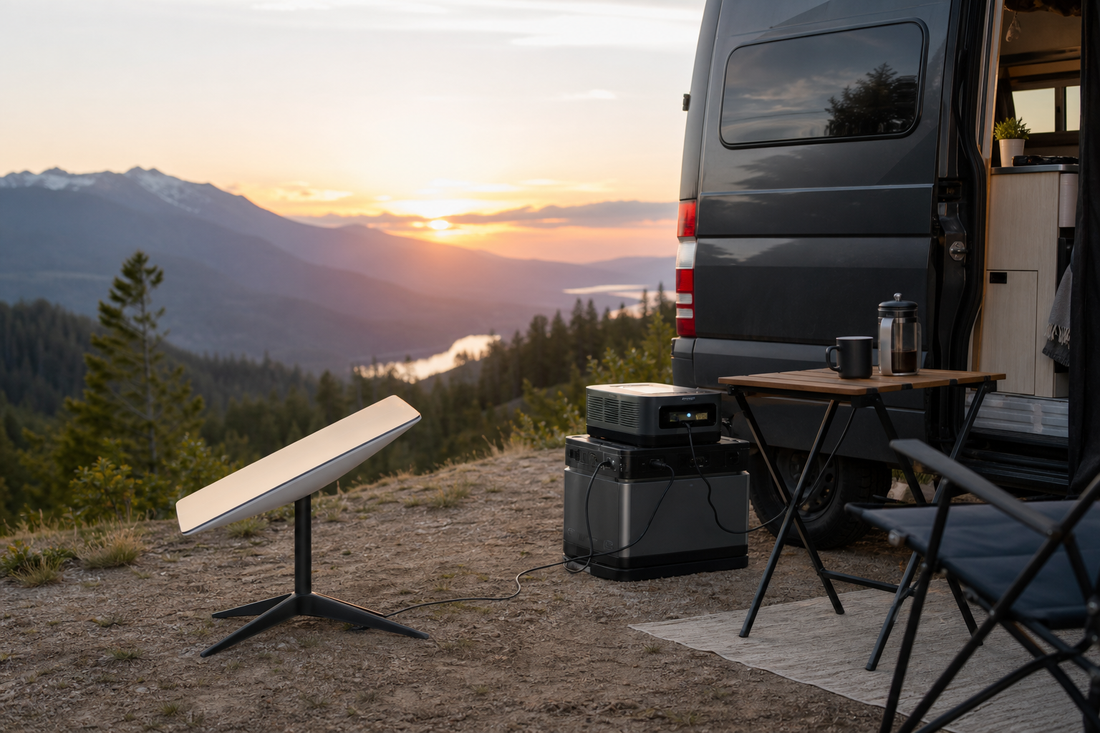 Starlink dish connected to a portable power station beside an RV campsite