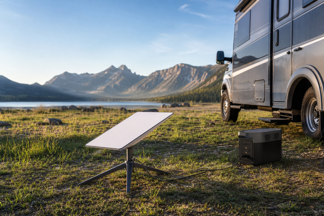 Starlink dish connected to a portable power station beside an RV campsite