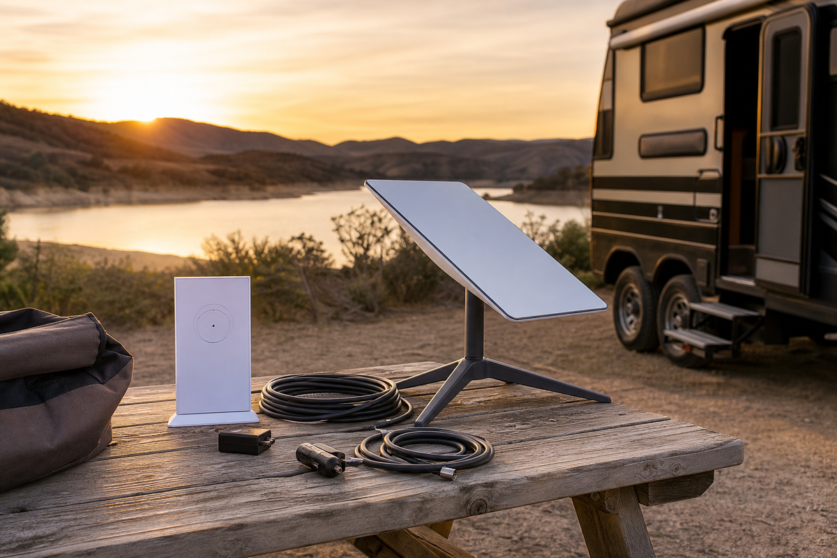 Starlink dish on a portable mount beside an RV campsite with a compact power station