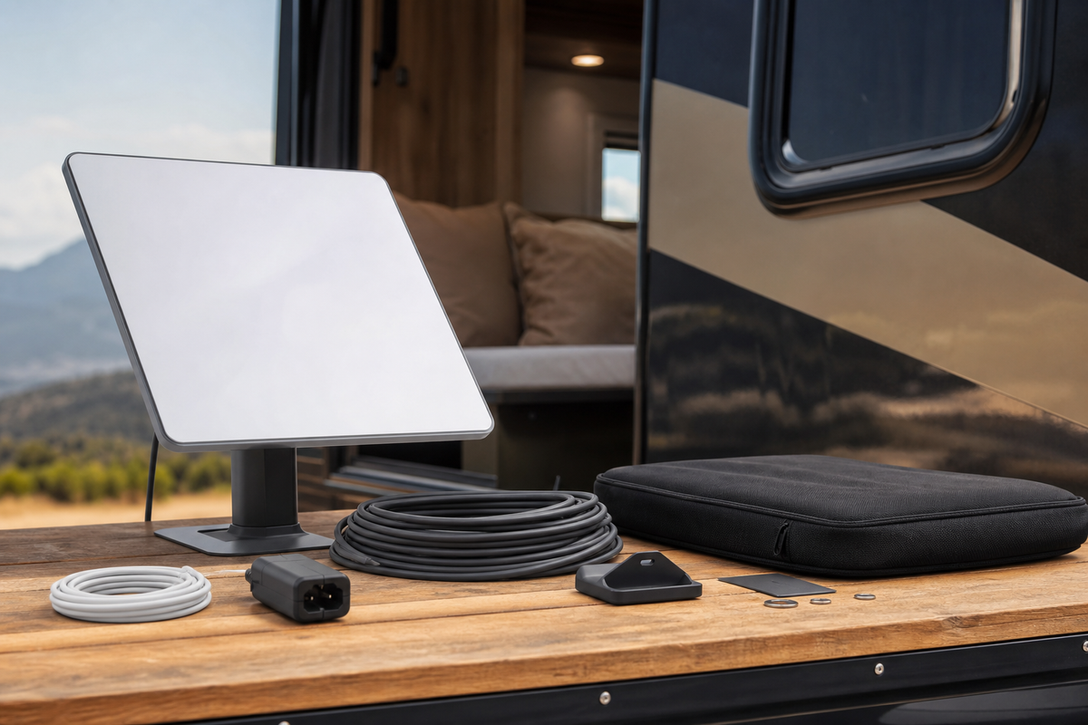 Starlink Mini dish with cable and power accessories arranged for a clear-sky outdoor setup