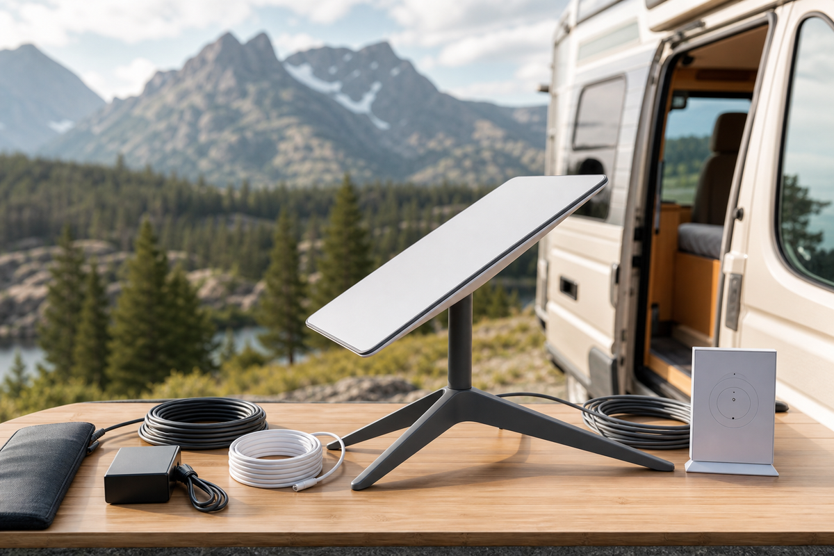 Starlink dish connected to a portable power station beside an RV campsite