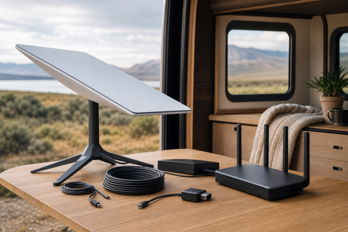 Starlink Mini kit with integrated WiFi, power supply, and cable arranged indoors near an open view
