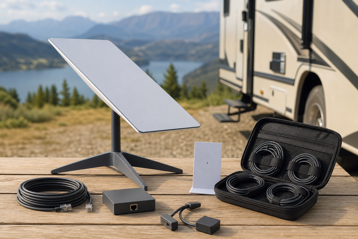 Starlink dish connected to a portable power station beside an RV campsite