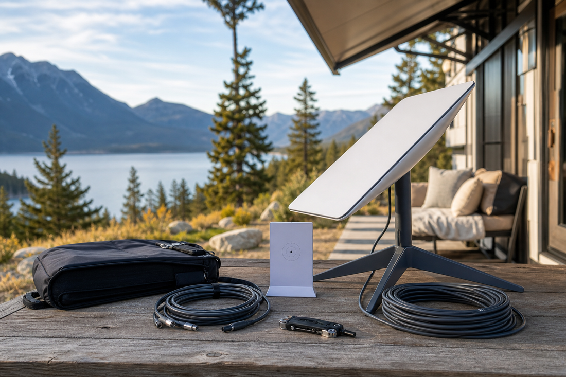 Starlink dish connected to a portable power station beside an RV campsite