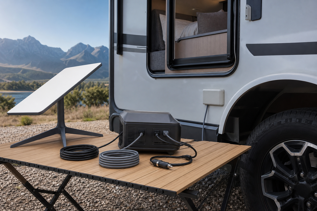 Starlink dish connected to a portable power station beside an RV campsite