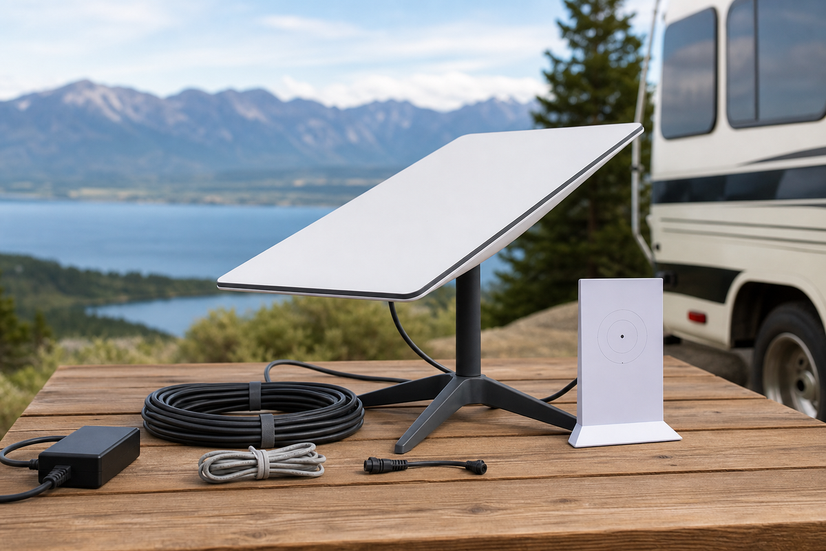 Starlink Mini kit with integrated WiFi, power supply, and cable arranged indoors near an open view