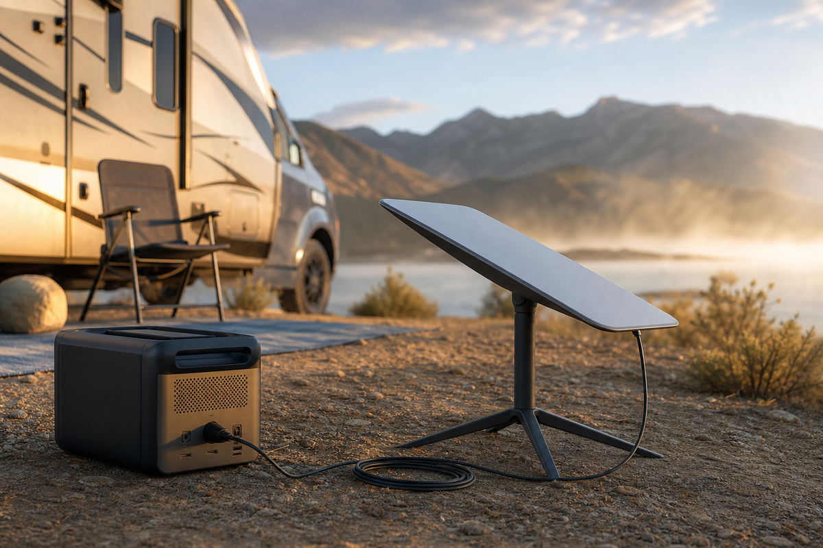 Starlink dish connected to a portable power station beside an RV campsite