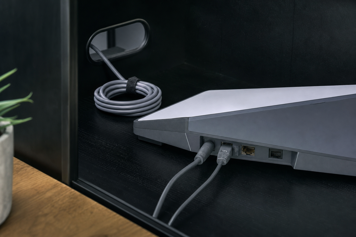 Starlink Mini kit with integrated WiFi, power supply, and cable arranged indoors near an open view