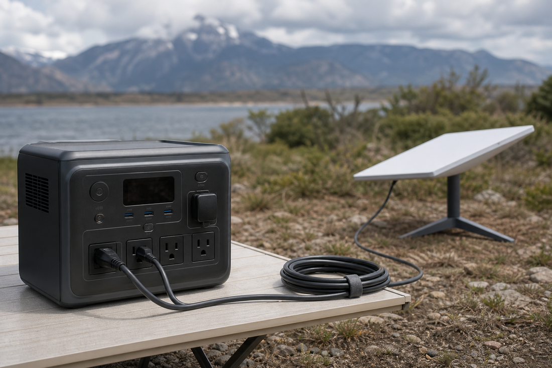 Starlink dish connected to a portable power station beside an RV campsite