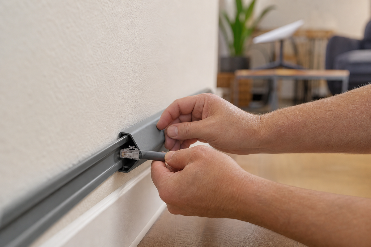 Starlink cable routed through an exterior wall entry into a clean indoor utility area
